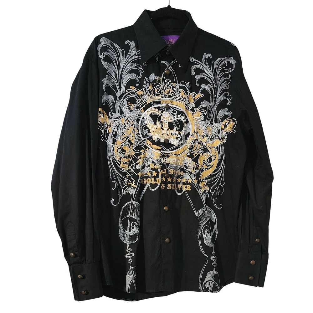 Atti 90s Mens Large Button Down Shirt Black Gold Silver Crown Baroque Rockabilly